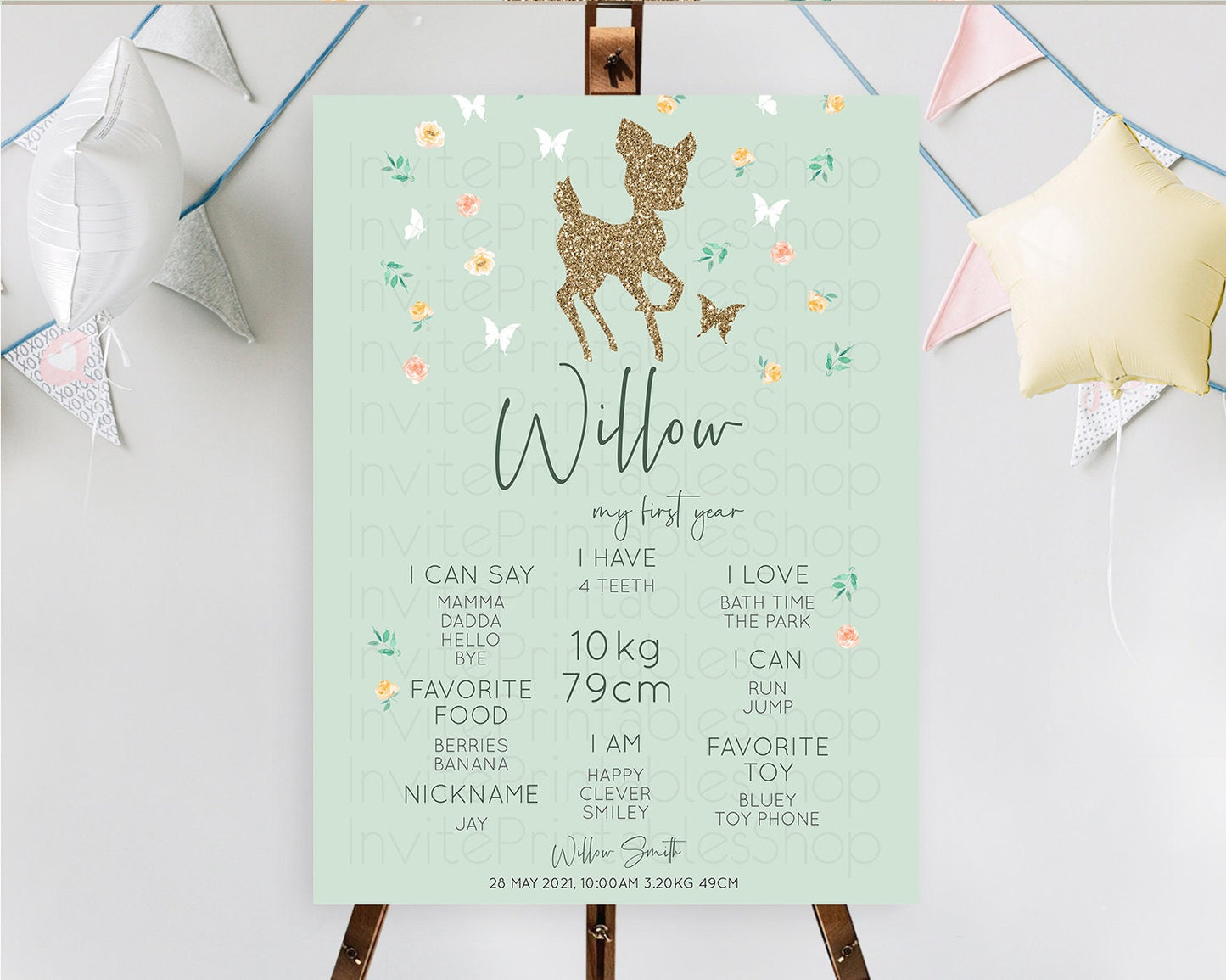 Fawn First Birthday Milestone Board Deer First Birthday Milestone Poster Enchanted Forest Butterfly Pastel Flowers 1st Birthday Sign D10385