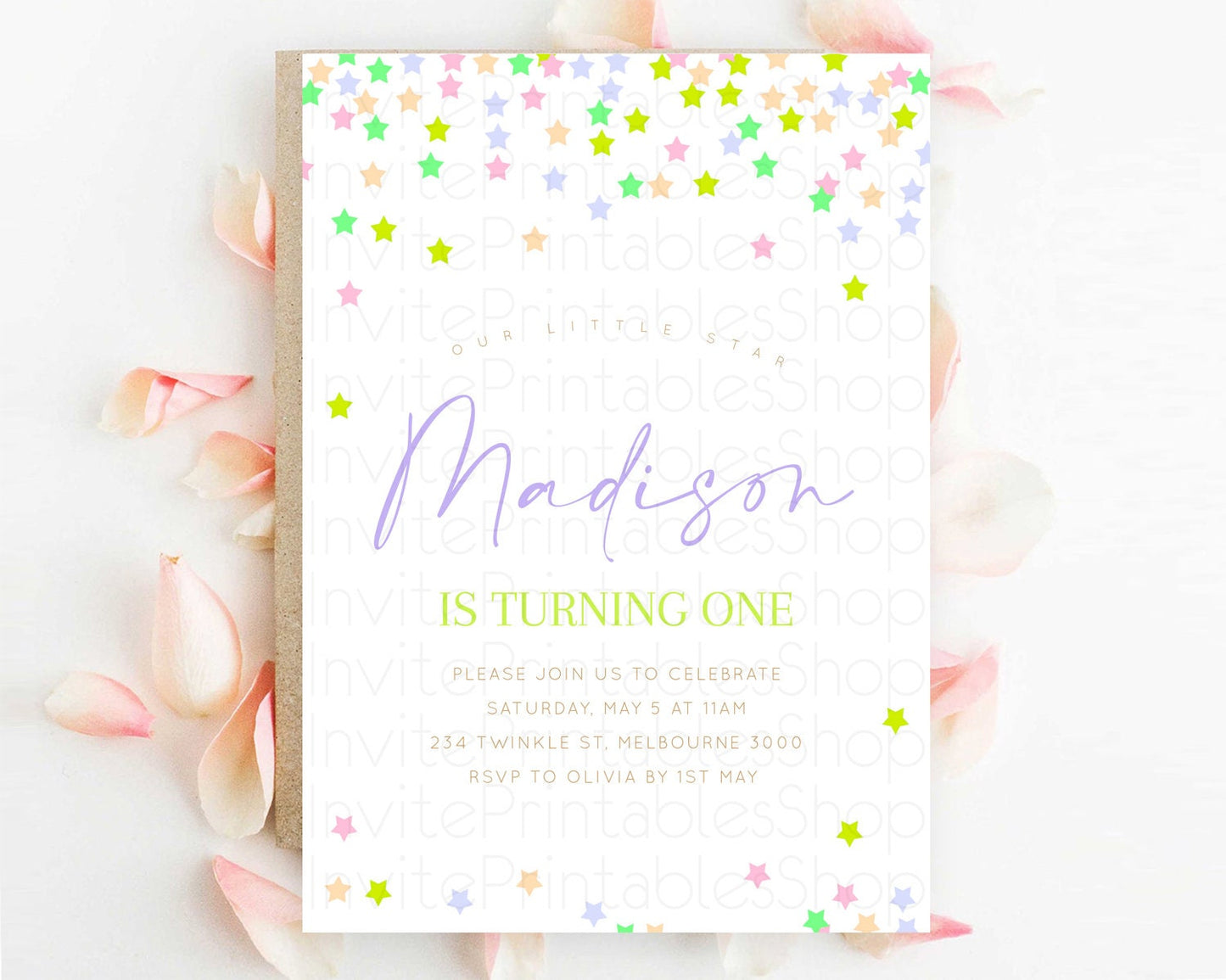 Star Birthday Invitation Pastel Stars Invite Shooting Star Party Rainbow Colorful Confetti Twinkle Little Star 2nd First Birthday D10396