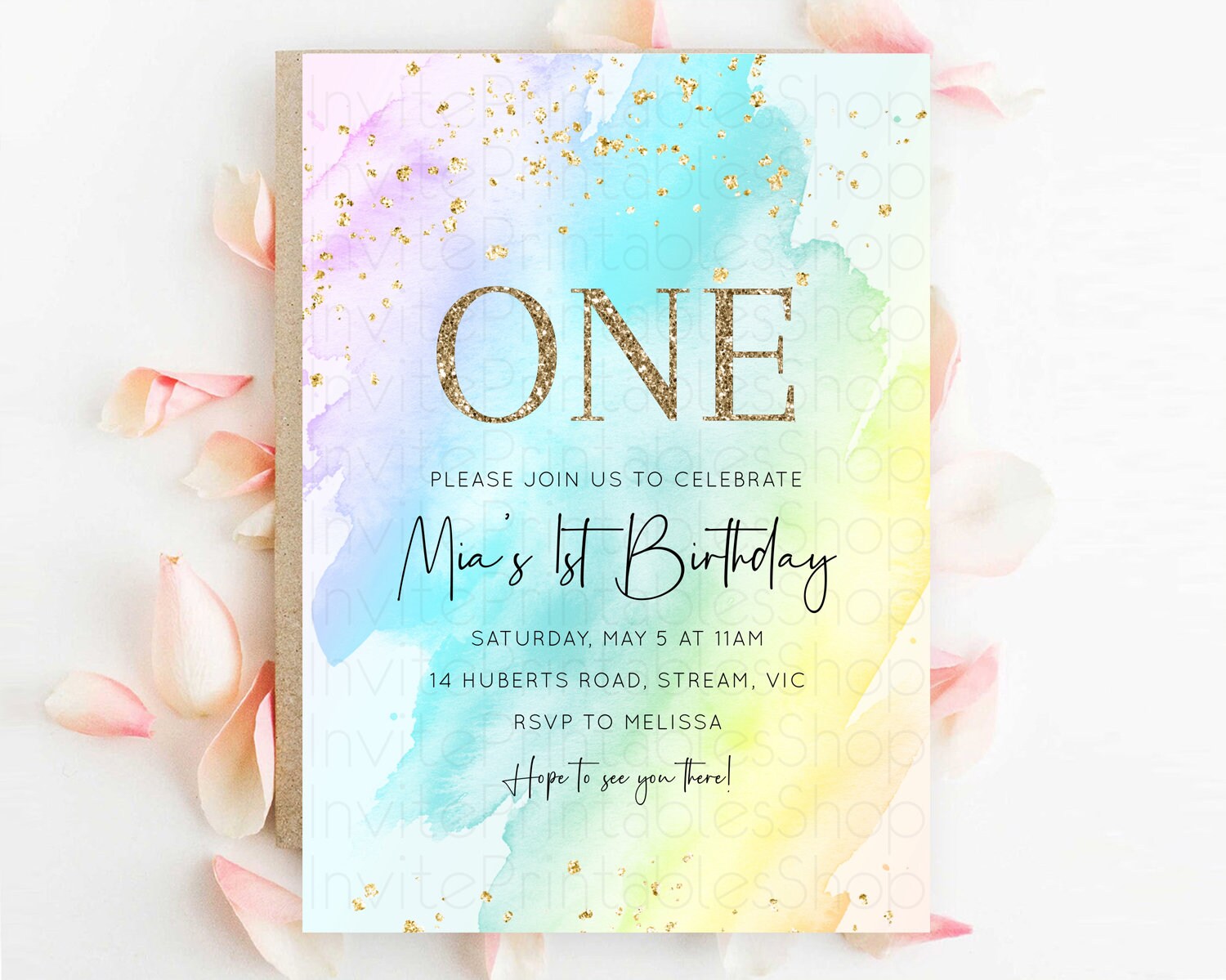 Editable Rainbow Birthday Invitation Colorful Pastel Watercolor Invitation G