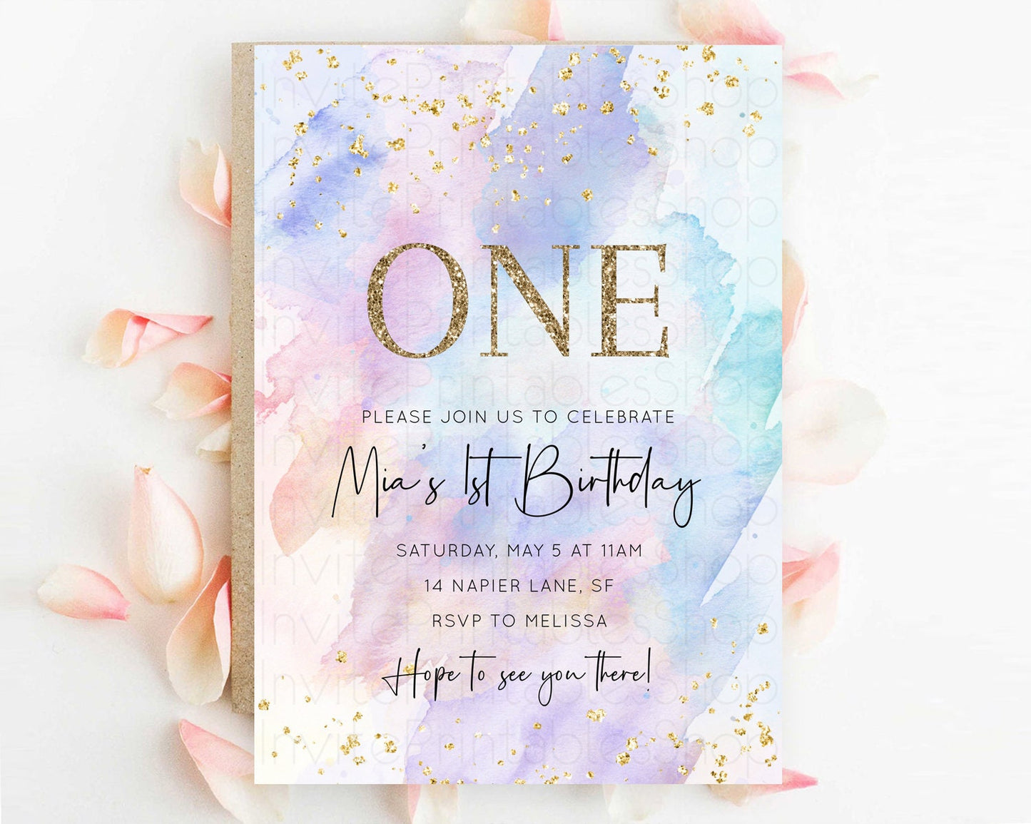 Rainbow Birthday Invitation Colorful Pastel Watercolor Invitation Gold Glitter Sprinkles Ombre Pastel 1st 2nd 3rd Birthday D10585