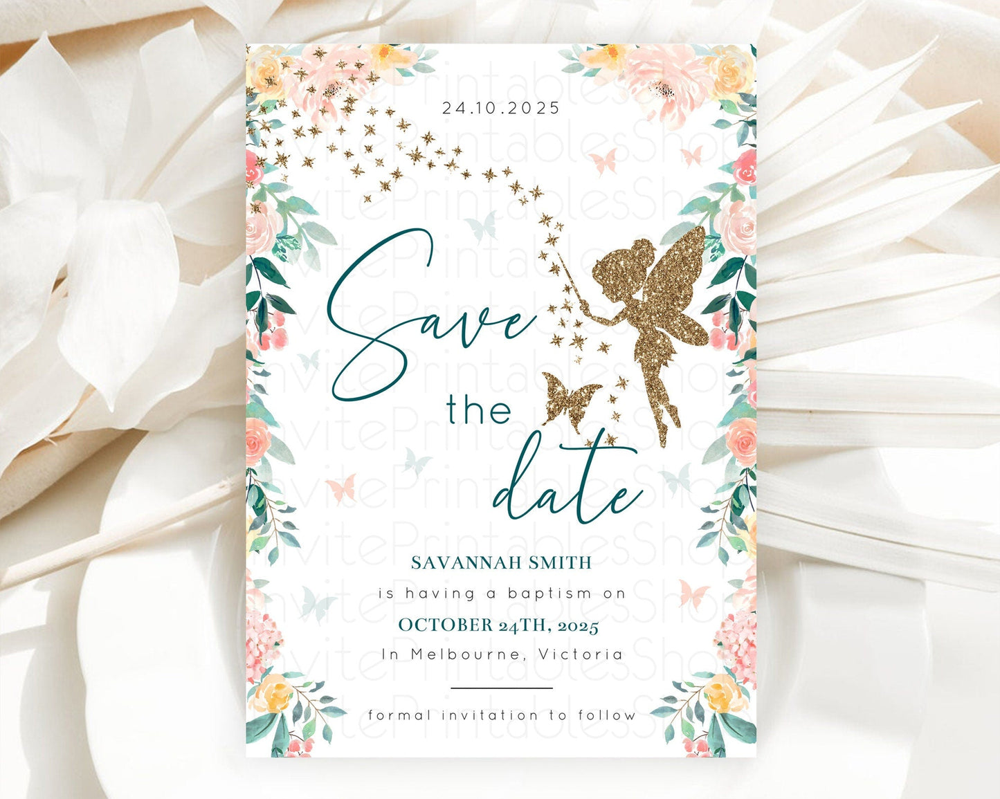 Fairy Save The Date Template Enchanted Garden Pastel Floral Butterfly Party Secret Garden Birthday Baptism Baby Shower Bridal Shower D10239