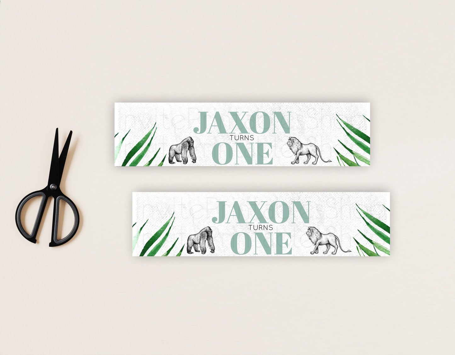 Safari Water Label Template Lion Gorilla Elephant Rhino Animals Party Decor Tropical Palm Zoo Theme 1st Birthday Baptism Baby Shower D10853