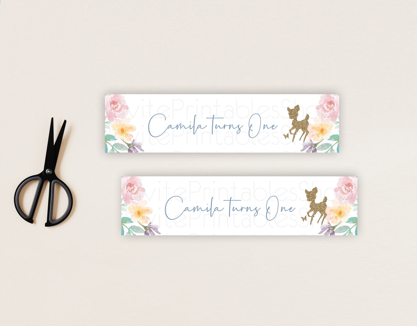 Fawn Deer Water Label Template Pastel Floral Deer Enchanted Forest Butterfly Party Decor Birthday Baptism Baby Shower Bridal Shower D10878