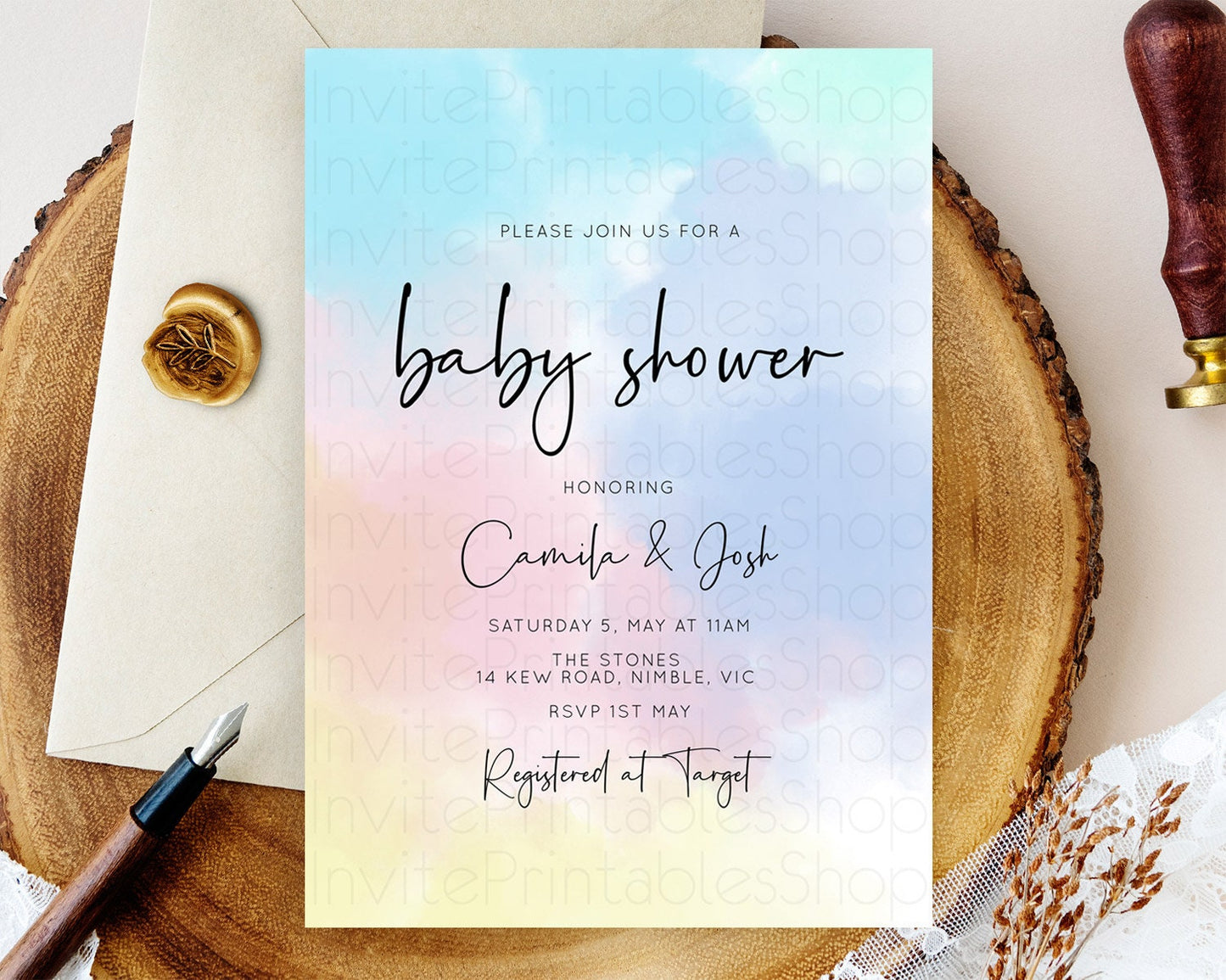 Pastel Baby Shower Invitation Rainbow Baby Shower Invitation Colorful Pastel Watercolor Invitation Gold Glitter Sprinkles Ombre D10373