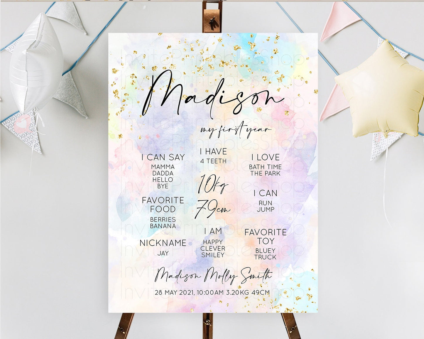 Pastel First Birthday Milestone Board Pastel Rainbow Milestone Poster Colorful Confetti Watercolor Glitter 1st Birthday Welcome Sign D10605