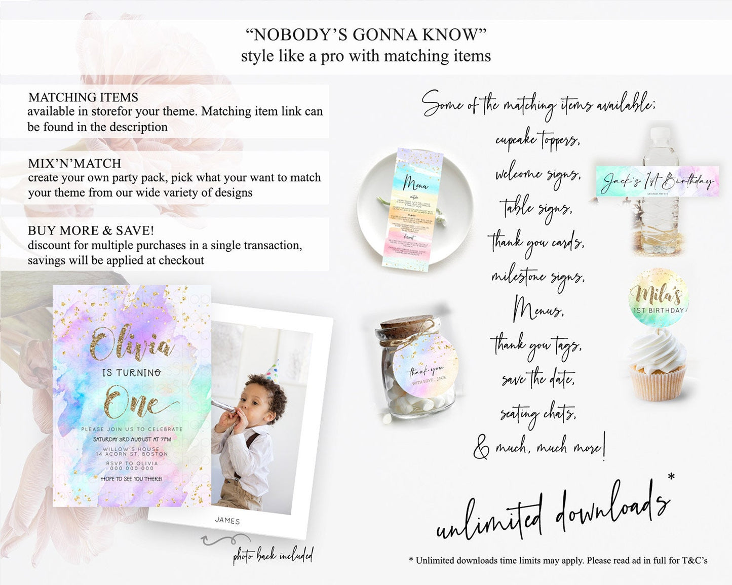 Rainbow Birthday Invitation Colorful Pastel Watercolor Invitation Gold Glitter Sprinkles Ombre Pastel 1st 2nd 3rd Birthday D23291