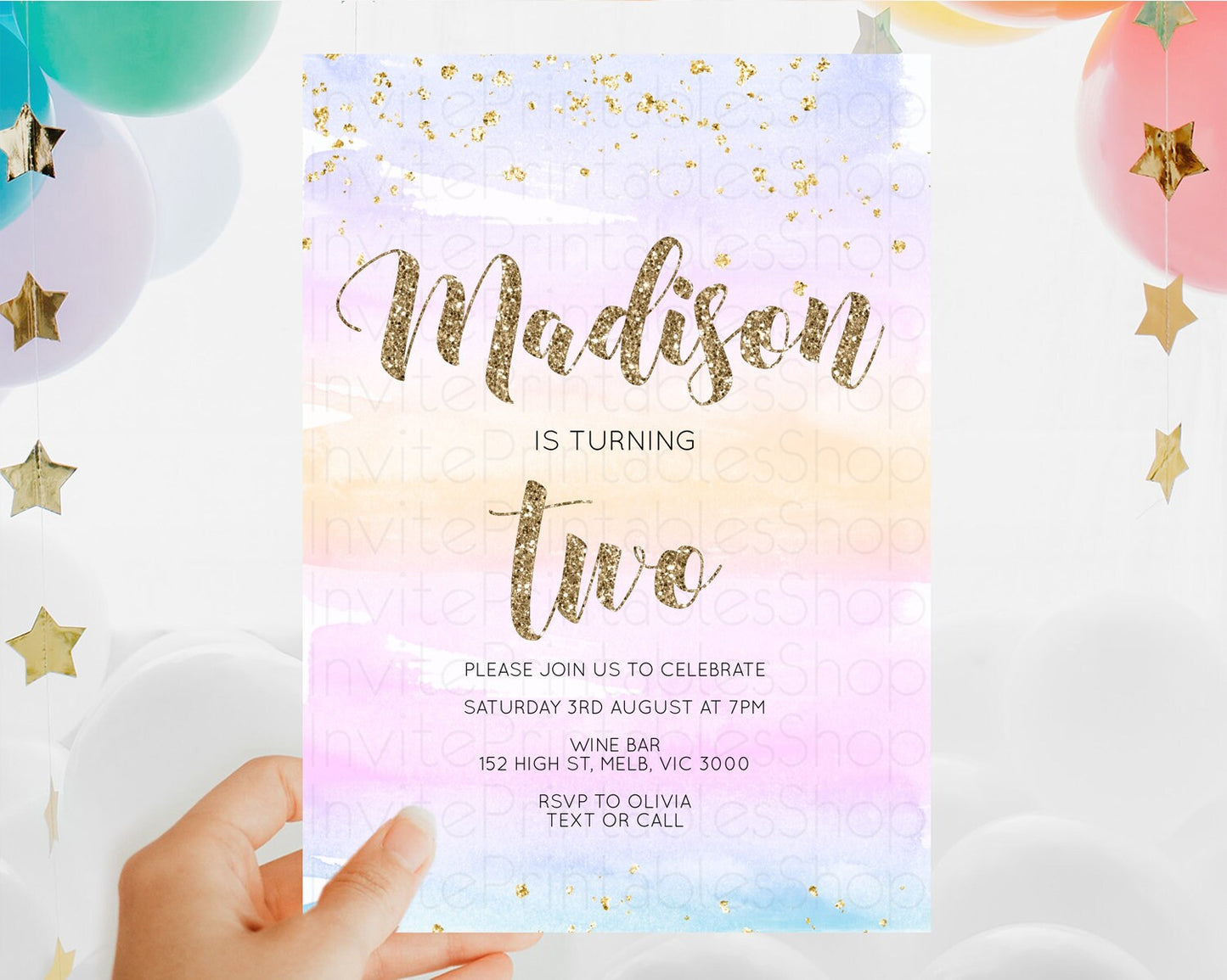 Editable Rainbow Birthday Invitation Colorful Pastel Watercolor Invitation G