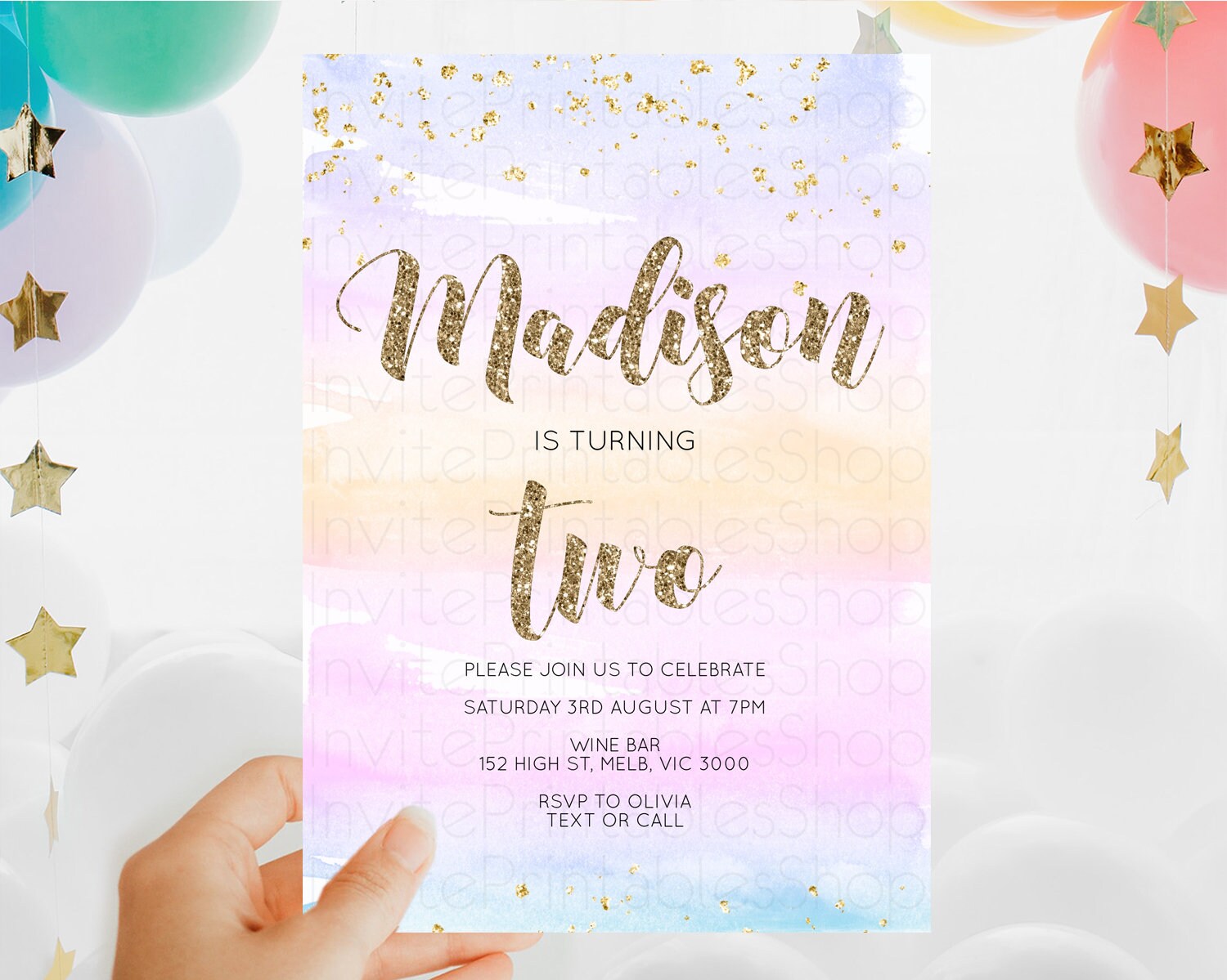 Editable Rainbow Birthday Invitation Colorful Pastel Watercolor Invitation G