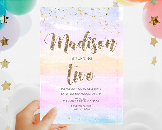 Editable Rainbow Birthday Invitation Colorful Pastel Watercolor Invitation G