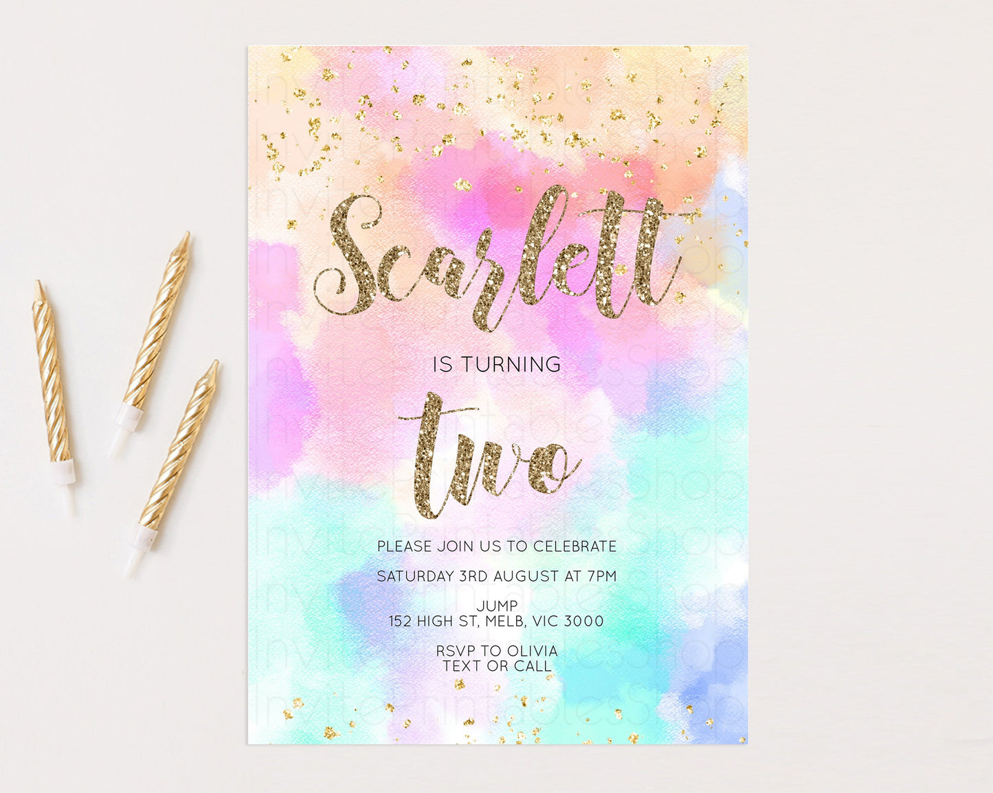 Rainbow Birthday Invitation Pastel Birthday Invite Ombre Watercolor Invite Enchanted Theme Colorful Splash Glitter Sprinkles 1st 2nd 3rd