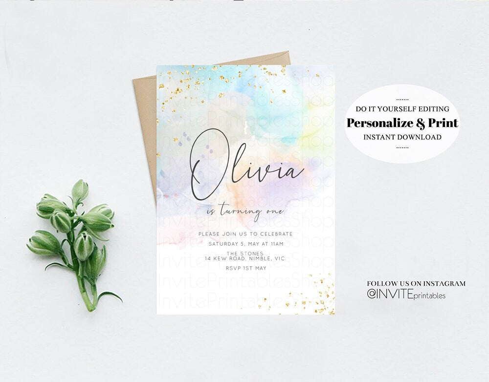 Watercolor Birthday Invitation Colorful Pastel Rainbow Splash Ombre Ink Paint Purple Blue Yellow Modern Simple Custom Printable 136