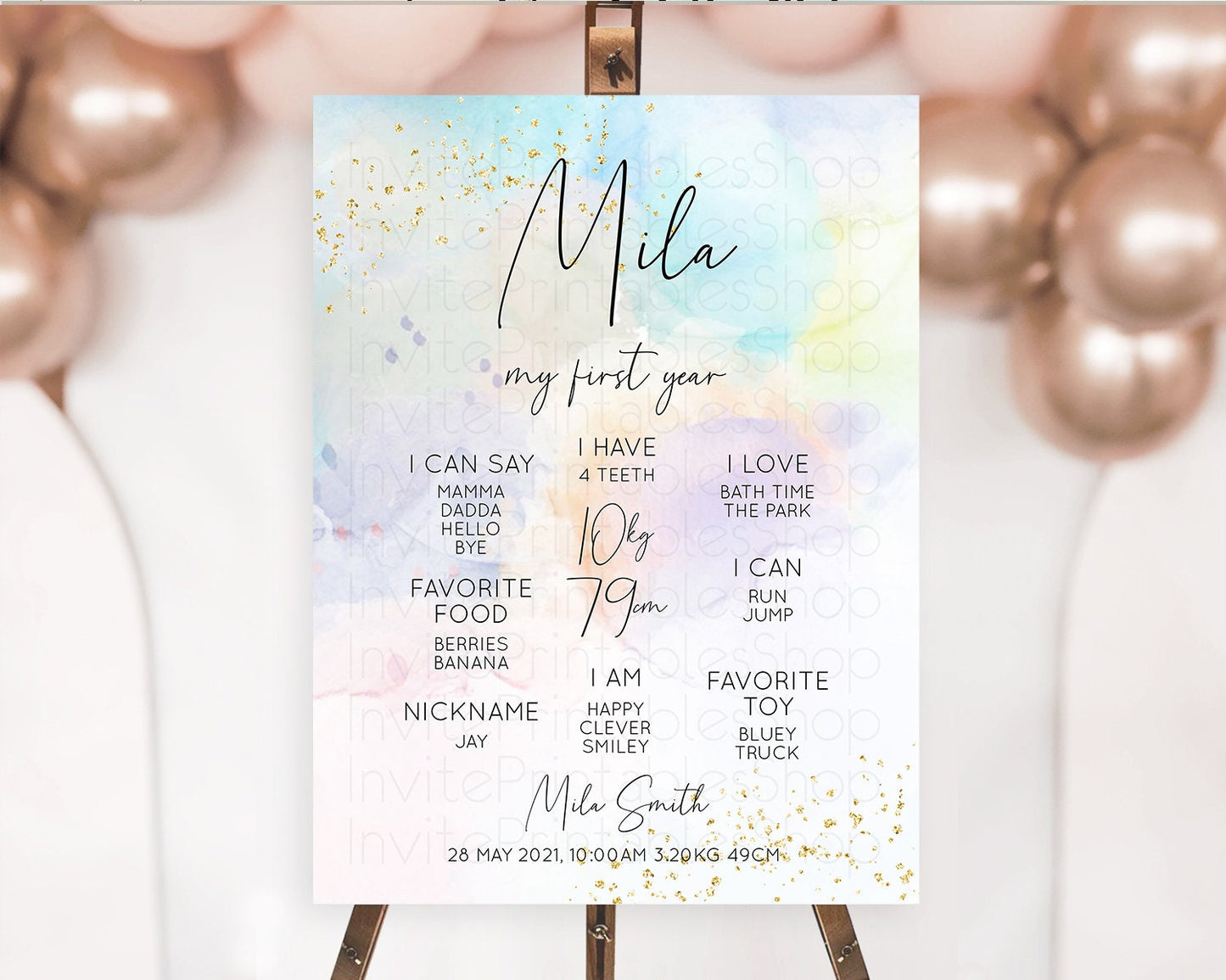 Pastel First Birthday Milestone Board Pastel Rainbow Milestone Poster Colorful Confetti Watercolor Glitter 1st Birthday Welcome Sign D10769