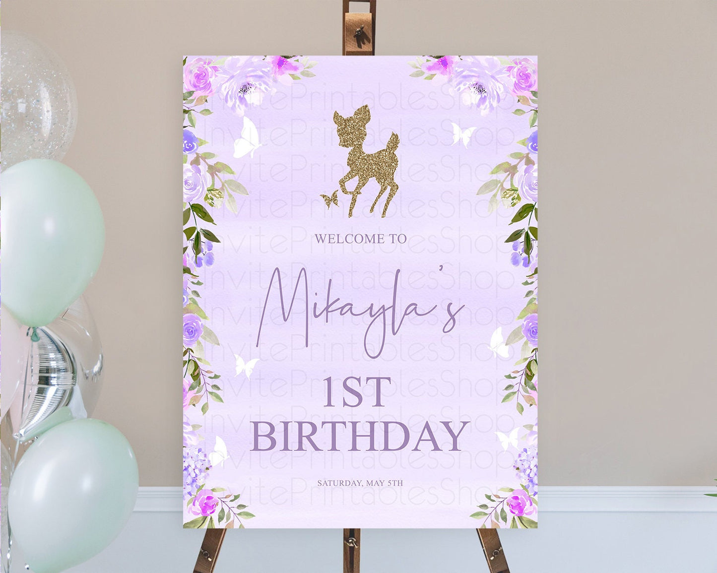 Fawn Welcome Sign Deer Welcome Board Floral Deer Welcome Poster Enchanted Forest Butterfly Pastel Floral First Birthday Welcome Sign D10963