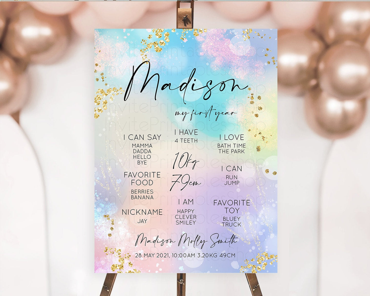 Pastel First Birthday Milestone Board Pastel Rainbow Milestone Poster Colorful Confetti Watercolor Glitter 1st Birthday Welcome Sign D10675