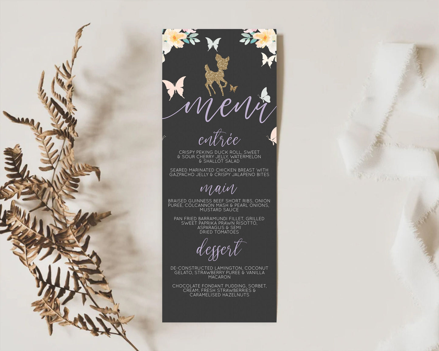 Fawn Menu Deer Menu Template Pastel Floral Deer Table Decor Enchanted Forest Butterfly Floral Dinner Dessert Menu Party Food Menu D10323