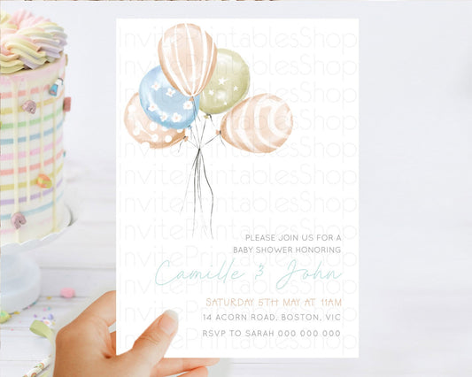 Editable Pastel Balloon Baby Shower Invitation Pastel Balloon Pink Blue Gold