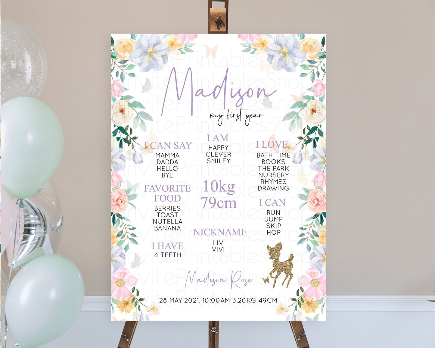 Fawn First Birthday Milestone Board Deer First Birthday Milestone Poster Enchanted Forest Butterfly Pastel Flowers 1st Birthday Sign D10477