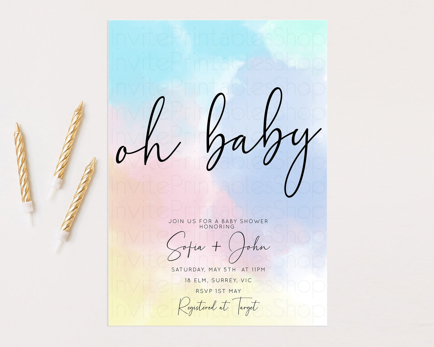 Pastel Rainbow Baby Shower Invitation Colorful Watercolor Invite Ink Splash Blue Yellow Pink Purple Gender Neutral 446