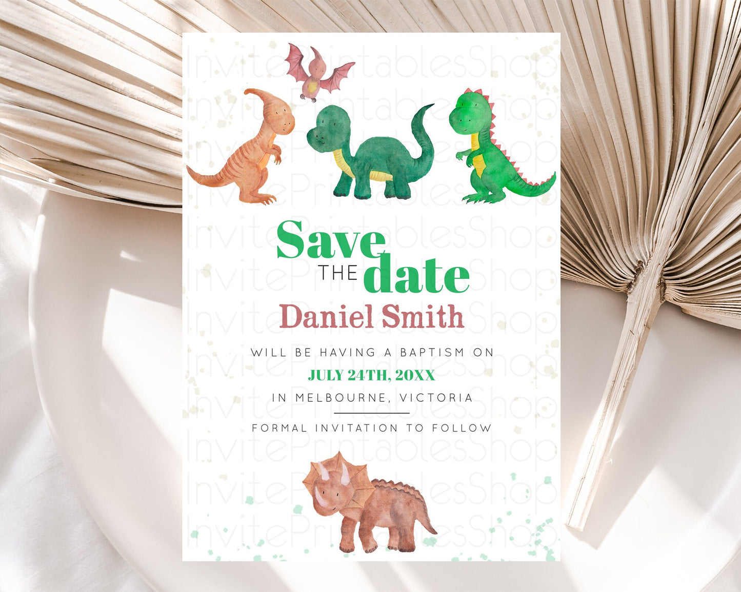 Dinosaur Save The Date Template Dinosaur Volcano Watercolor Volcano T-Rex Raptor Jurassic Party 1st Birthday Baptism Baby Shower D10153