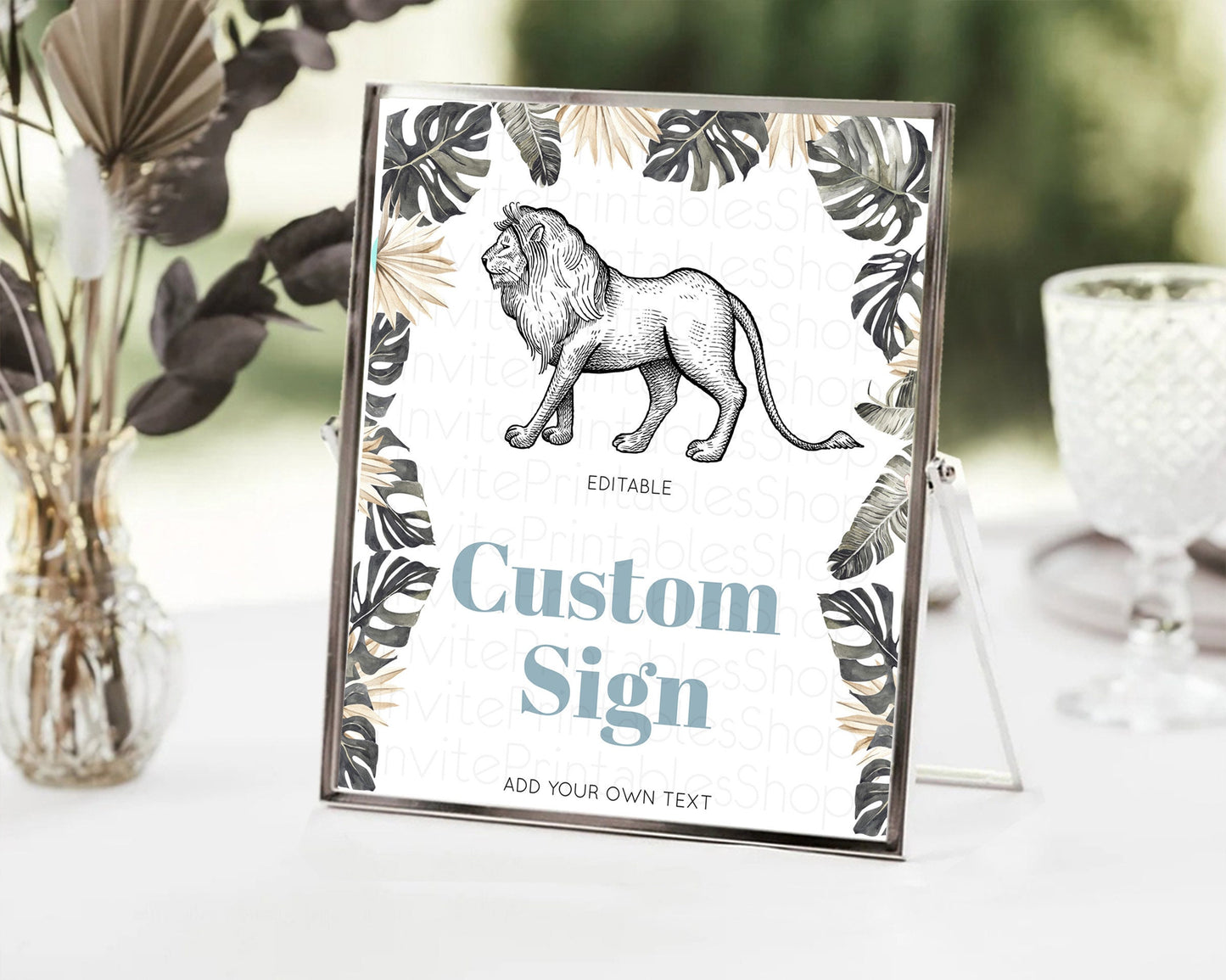 Lion Table Sign Decor Lion Safari Adventure Party Dried Palm Ferns Zoo 1st Birthday Baptism Baby Shower Bridal Shower Wedding D10807