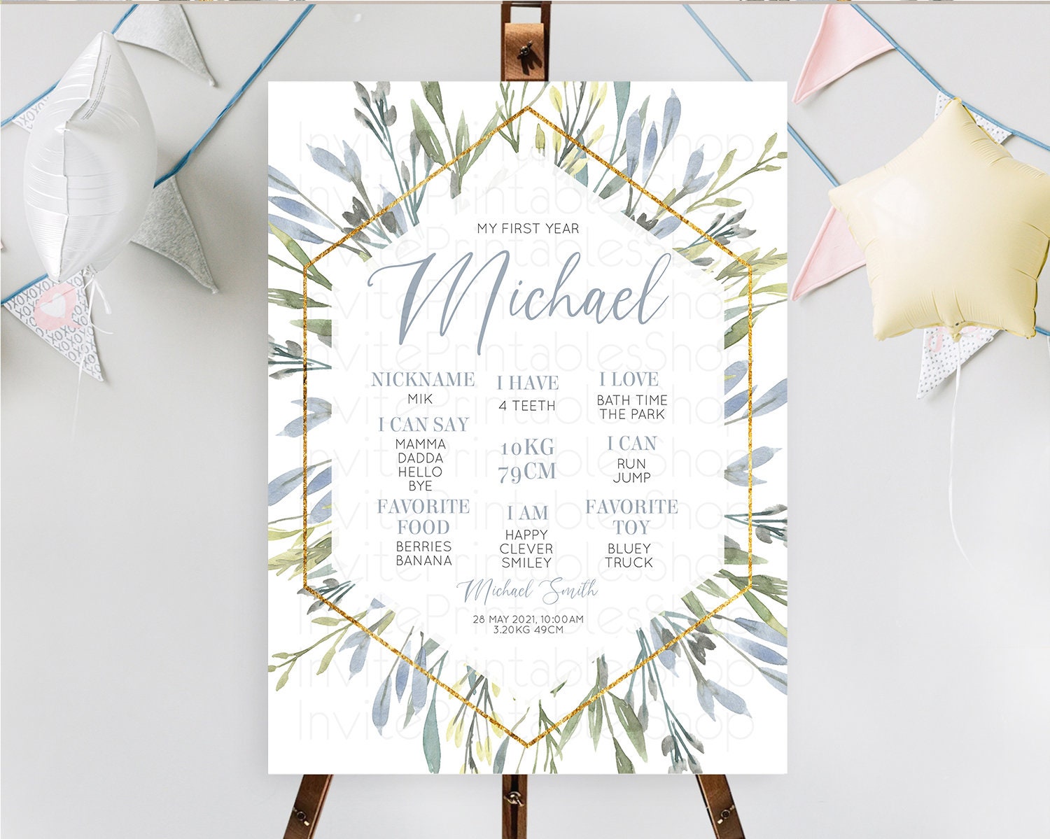 Editable Leafy First Birthday Milestone Board Green Leaf Milestone Poster Gr