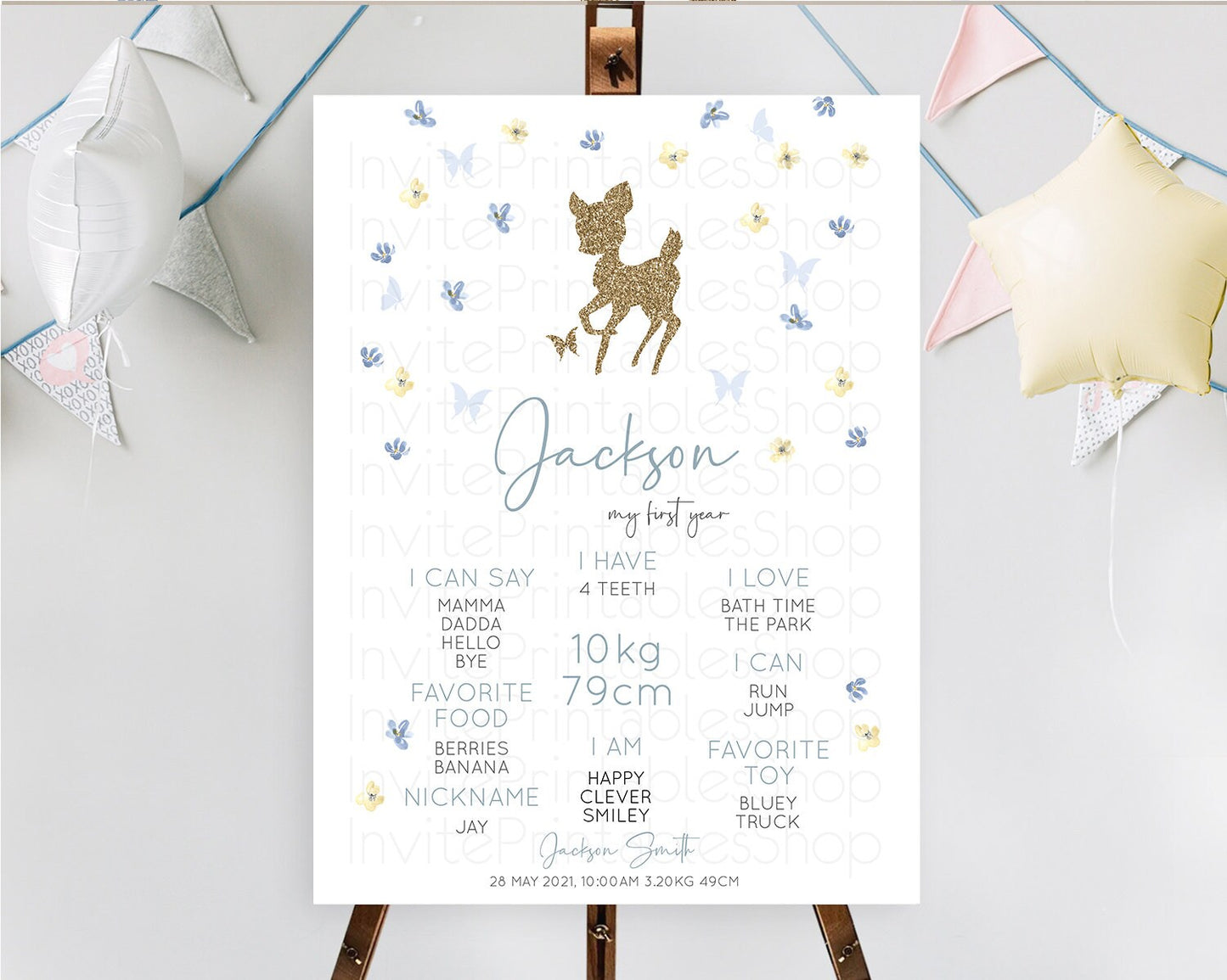 Fawn First Birthday Milestone Board Deer First Birthday Milestone Poster Enchanted Forest Butterfly Pastel Flowers 1st Birthday Sign D10864