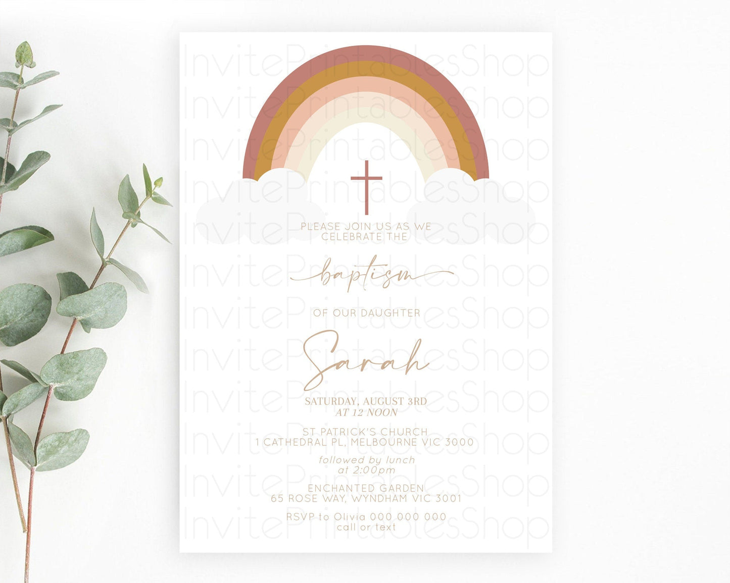 Pastel Rainbow Baptism Invitation Boho Rainbow Baptism 1st Birthday Invitation Rainbow Pastel Watercolor Christening Invitation D10122
