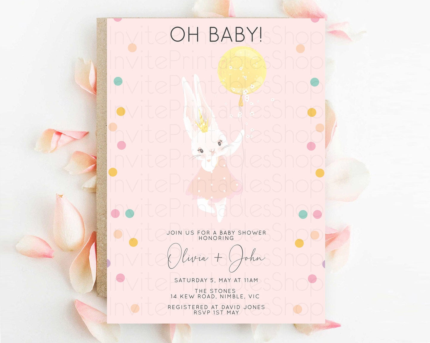 Bunny Baby Shower Invitation, Oh Baby, Cute Bunny Holding Yellow Balloon - Light Pink, Pastel Colorful Confetti - Sweet Pastel Theme D10219