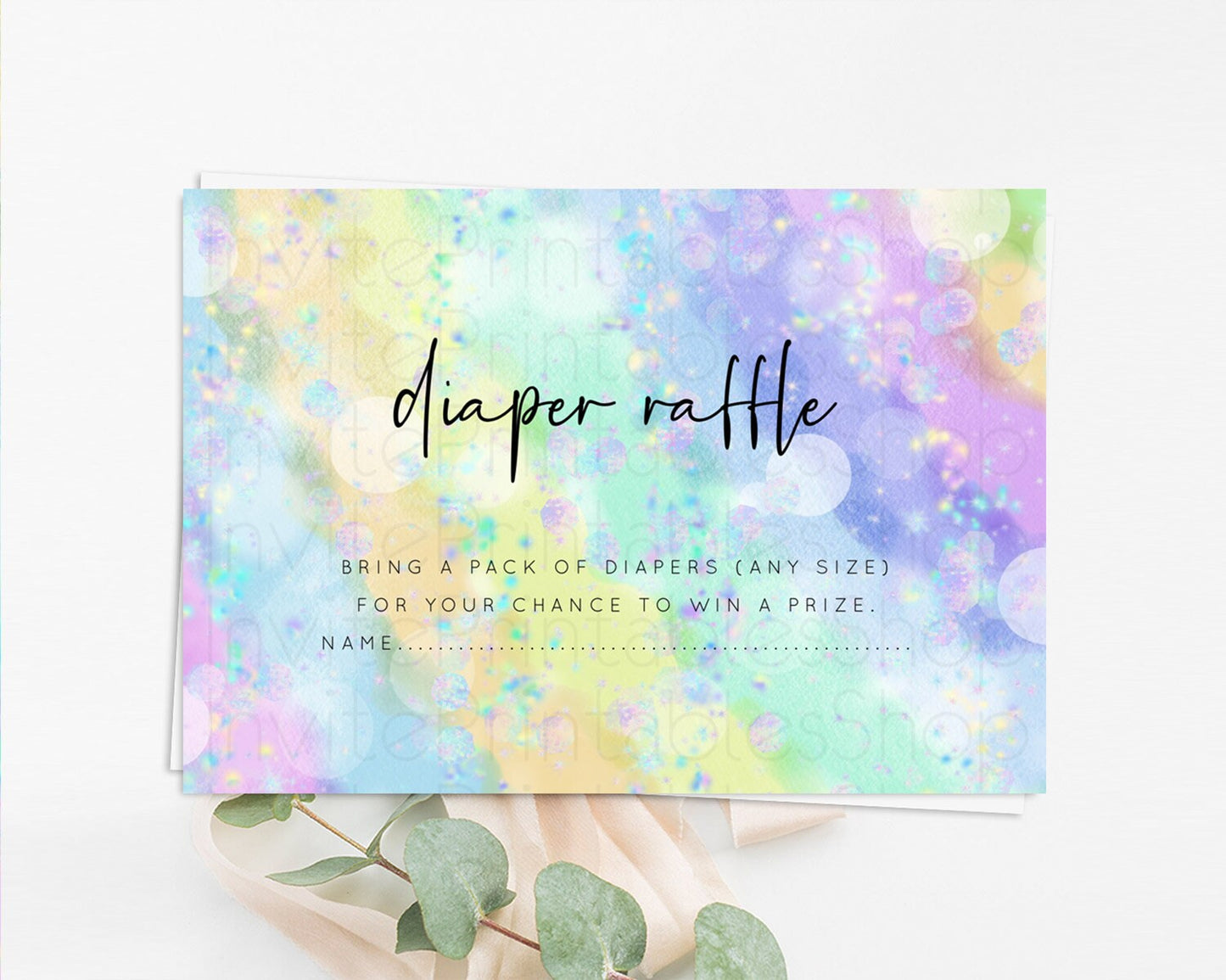 Rainbow Diaper Raffle Card Pastel Diaper Insert Colorful Pastel Watercolor Ombre Diaper Ticket Iridescent Sprinkles Raffle Game D10689