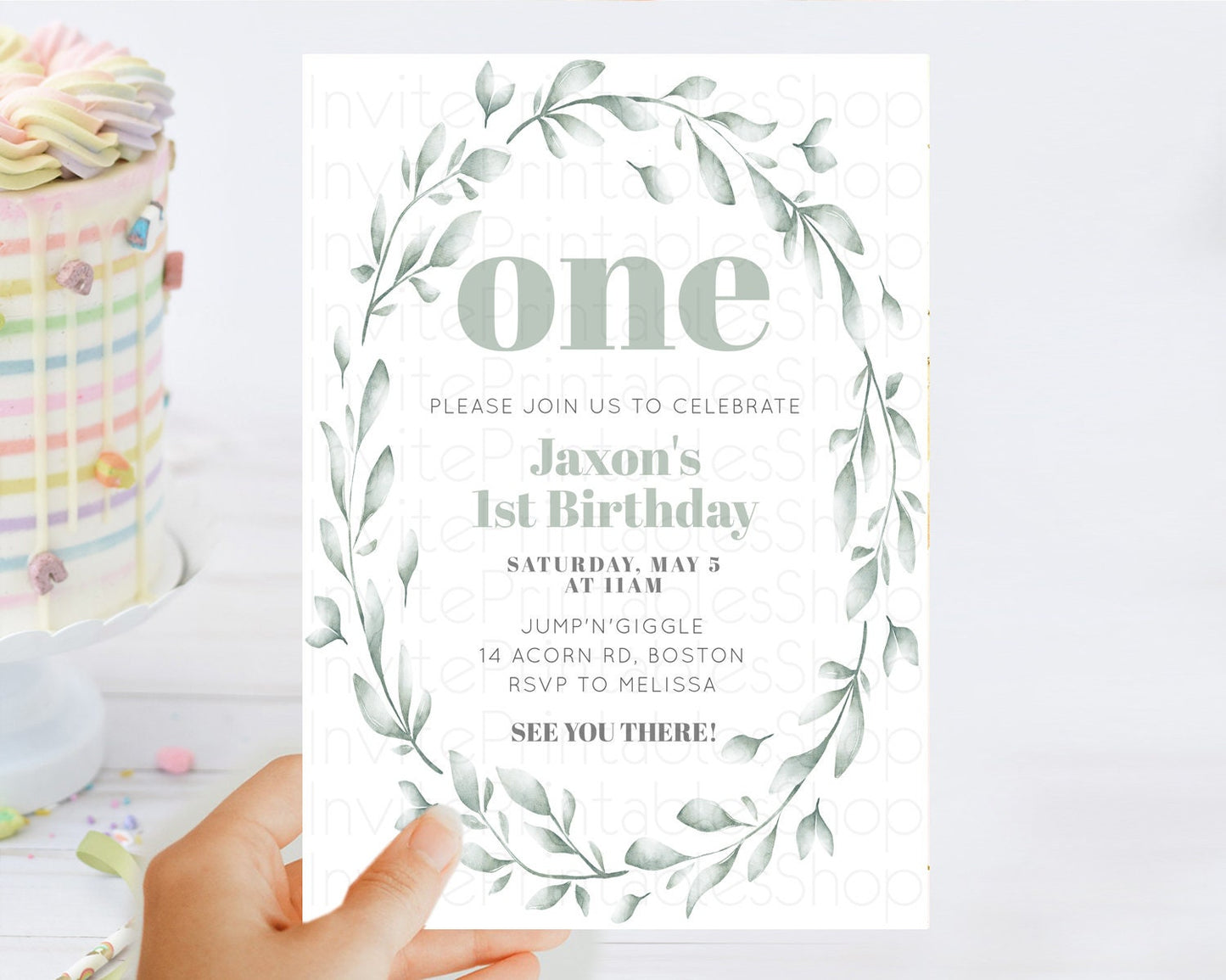 Leafy Birthday Invitation Leafy Invitation Simple Greenery Invitation Eucalyptus Fern Spray Leaves Minimal Green Leaf Watercolour D11009