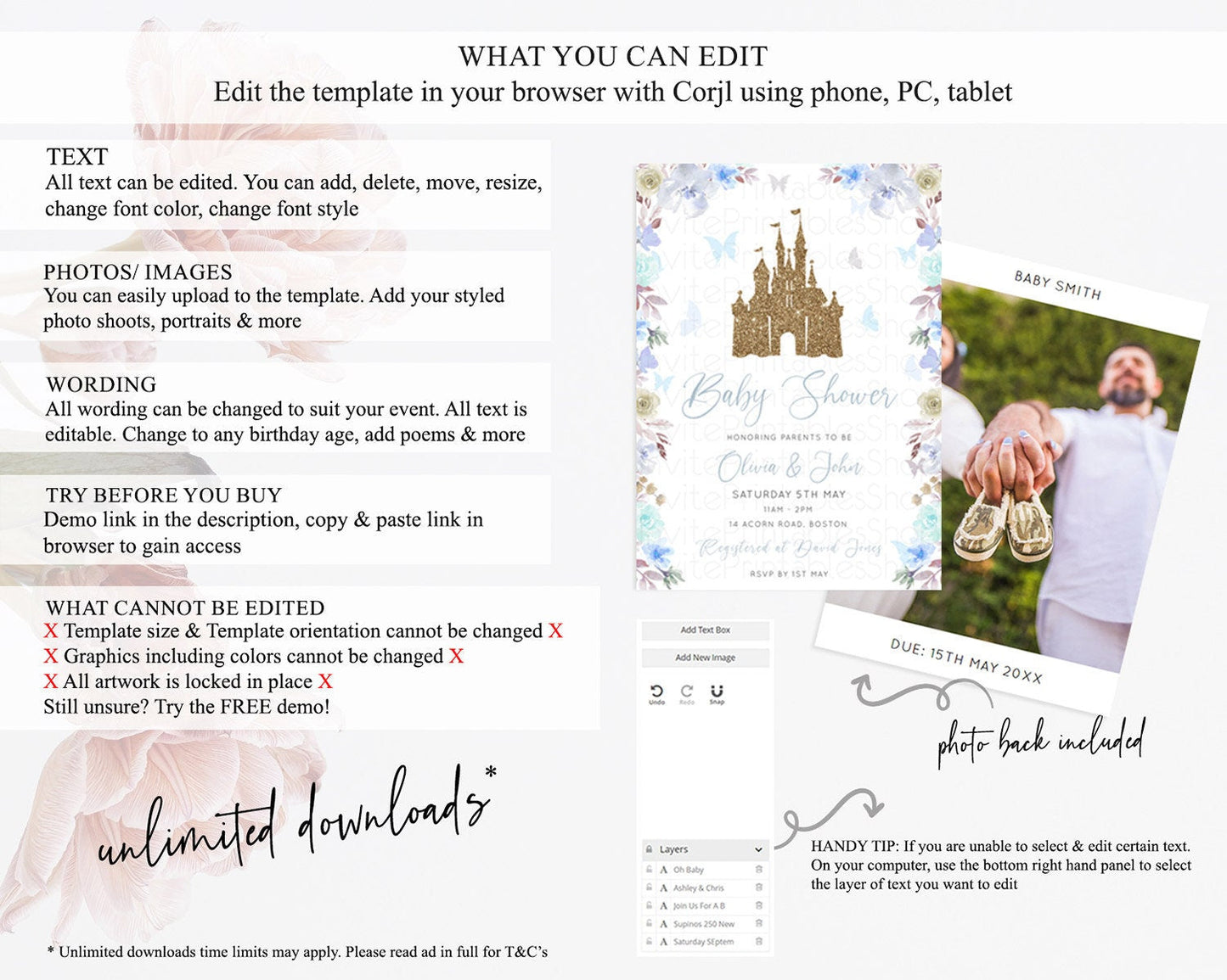 Enchanted Castle Baby Shower Invitation, Whimsical, Secret Garden Theme, Blue Grey Flowers, Soft Floral, Glitter Castle, Butterflies D10932