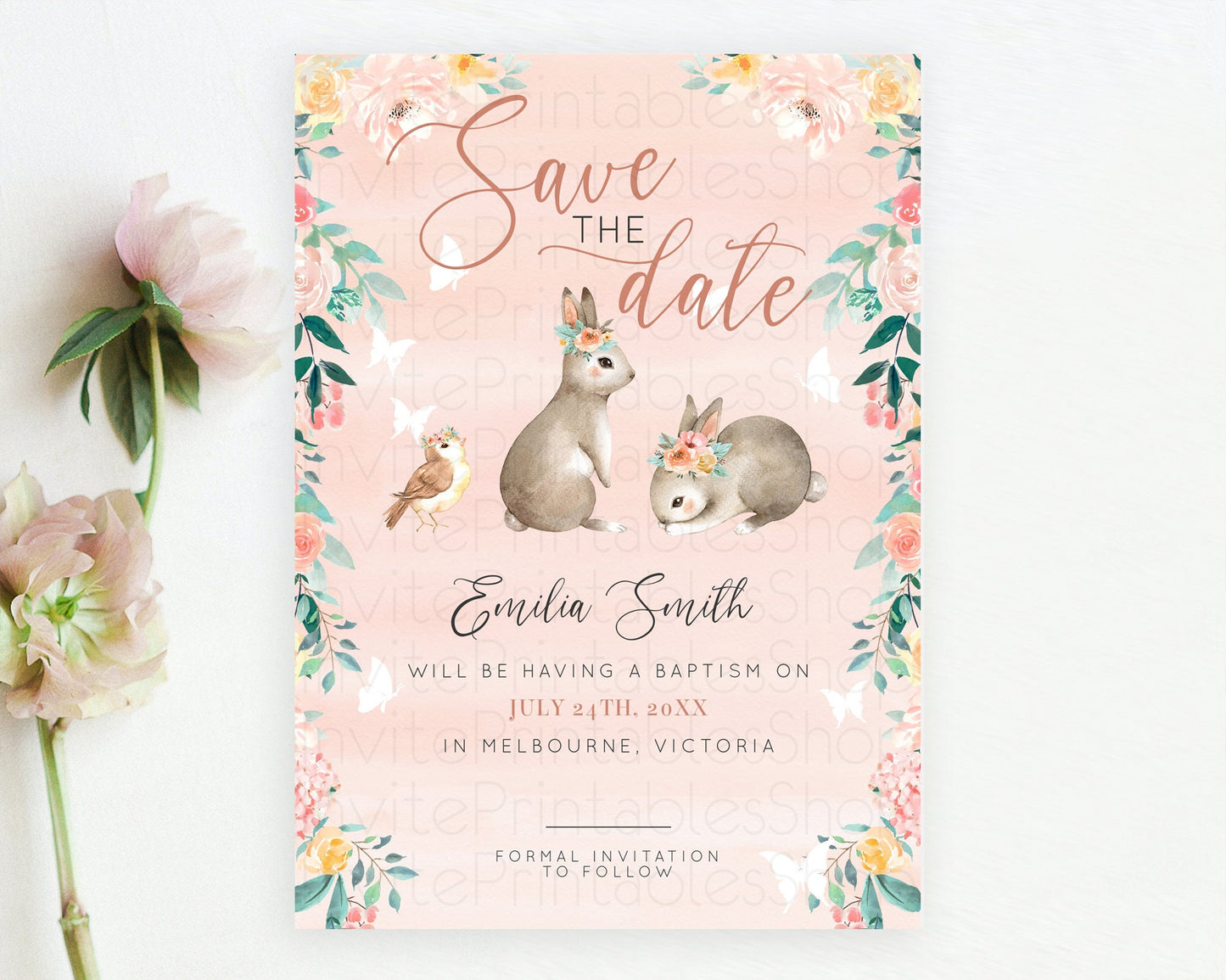 Floral Bunny Save The Date Template Pastel Flowers Forest Bunny Secret Garden Some Bunny Party 1st Birthday Baby Shower Baptism D10922