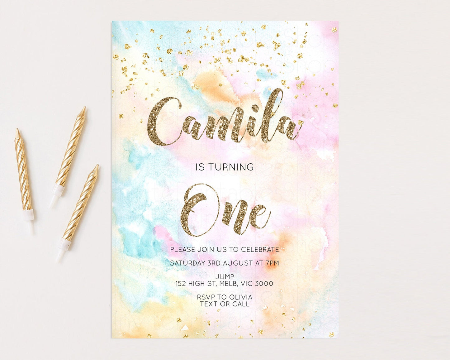 Rainbow Birthday Invitation Glitter Pastel Invitation Colorful Watercolor Gold Foil Splatter Sprinkles Ombre Glitter Invite 1st 2nd 3rd G566