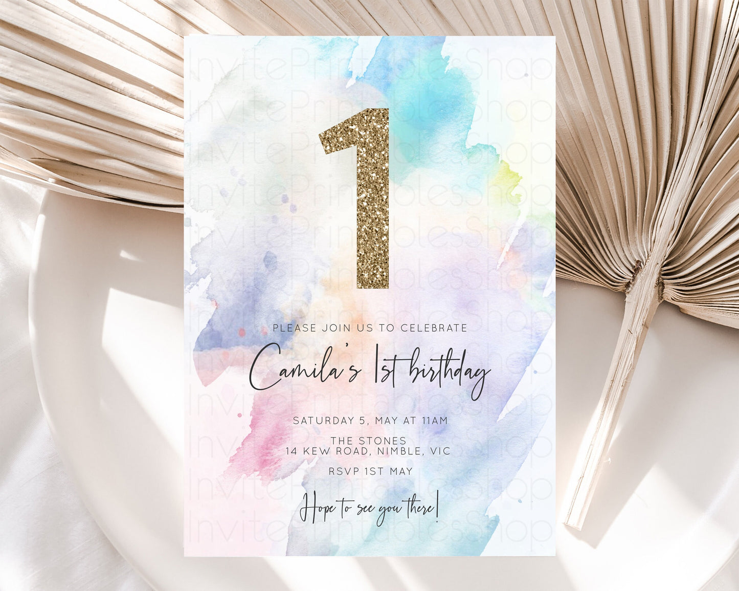 Rainbow Birthday Invitation Pastel Birthday Invite Ombre Watercolor Invite Enchanted Theme Colorful Splash Glitter Sprinkles 1st 2nd 3rd