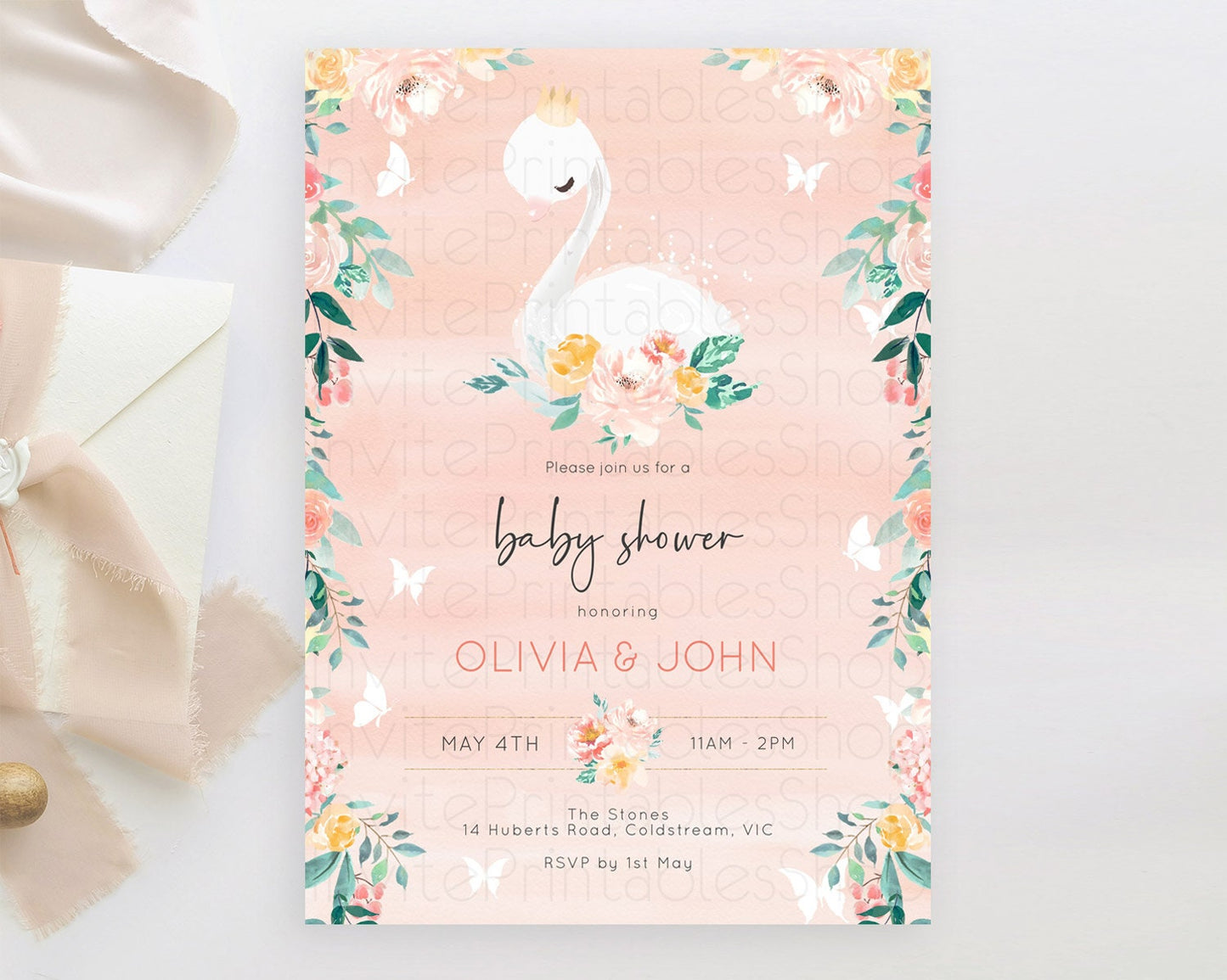 Swan Baby Shower Invitation, Swan Lake Princess Ballet, Secret Garden, Watercolor, Pastel Floral, Pink Orange Flowers, Butterflies D10884