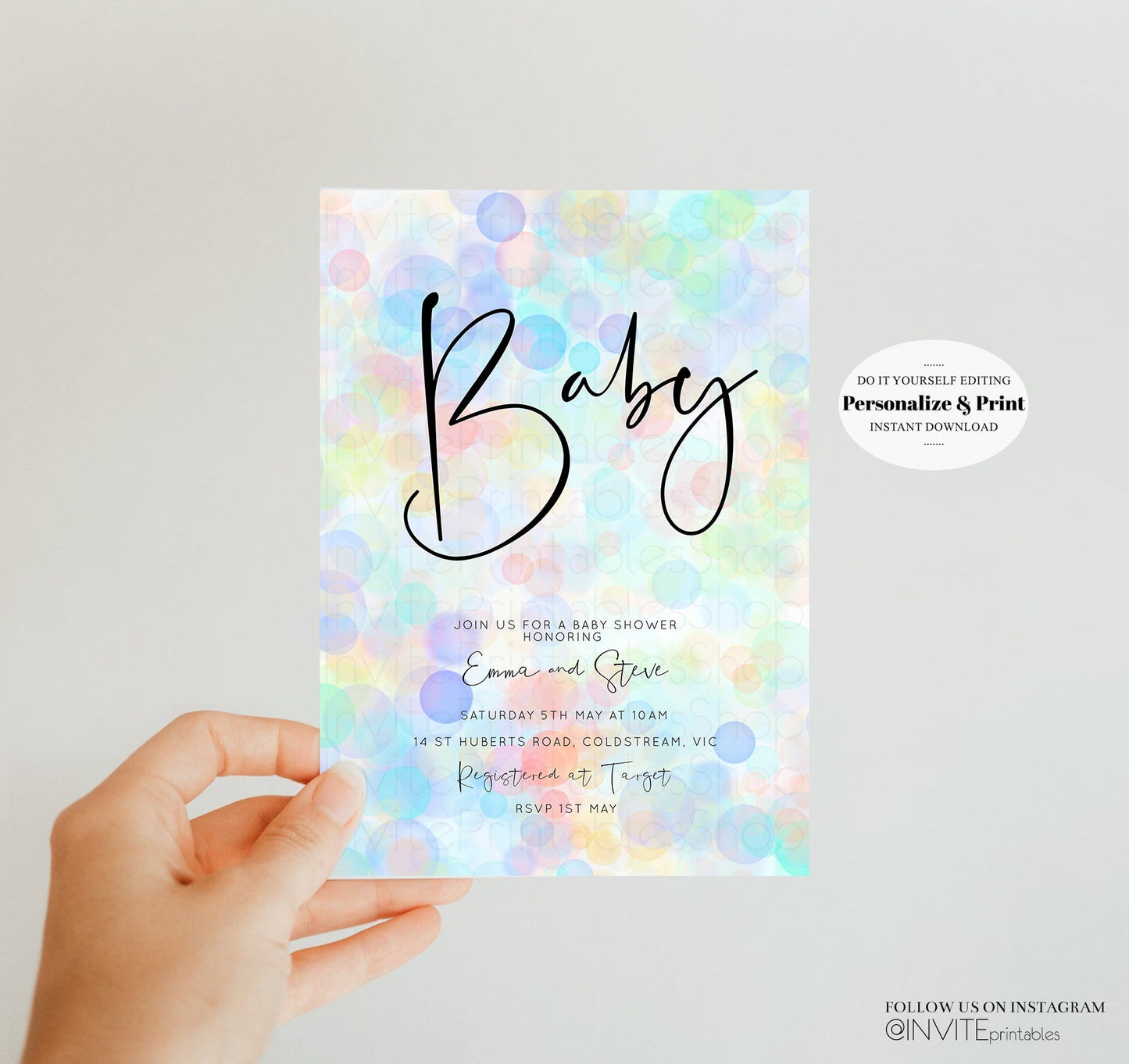 Rainbow Pastel Baby Shower Invitation Colorful POP Invitation Polka Bubbles Confetti Sprinkles Rain Oh Baby Blue Pink Yellow Green T500