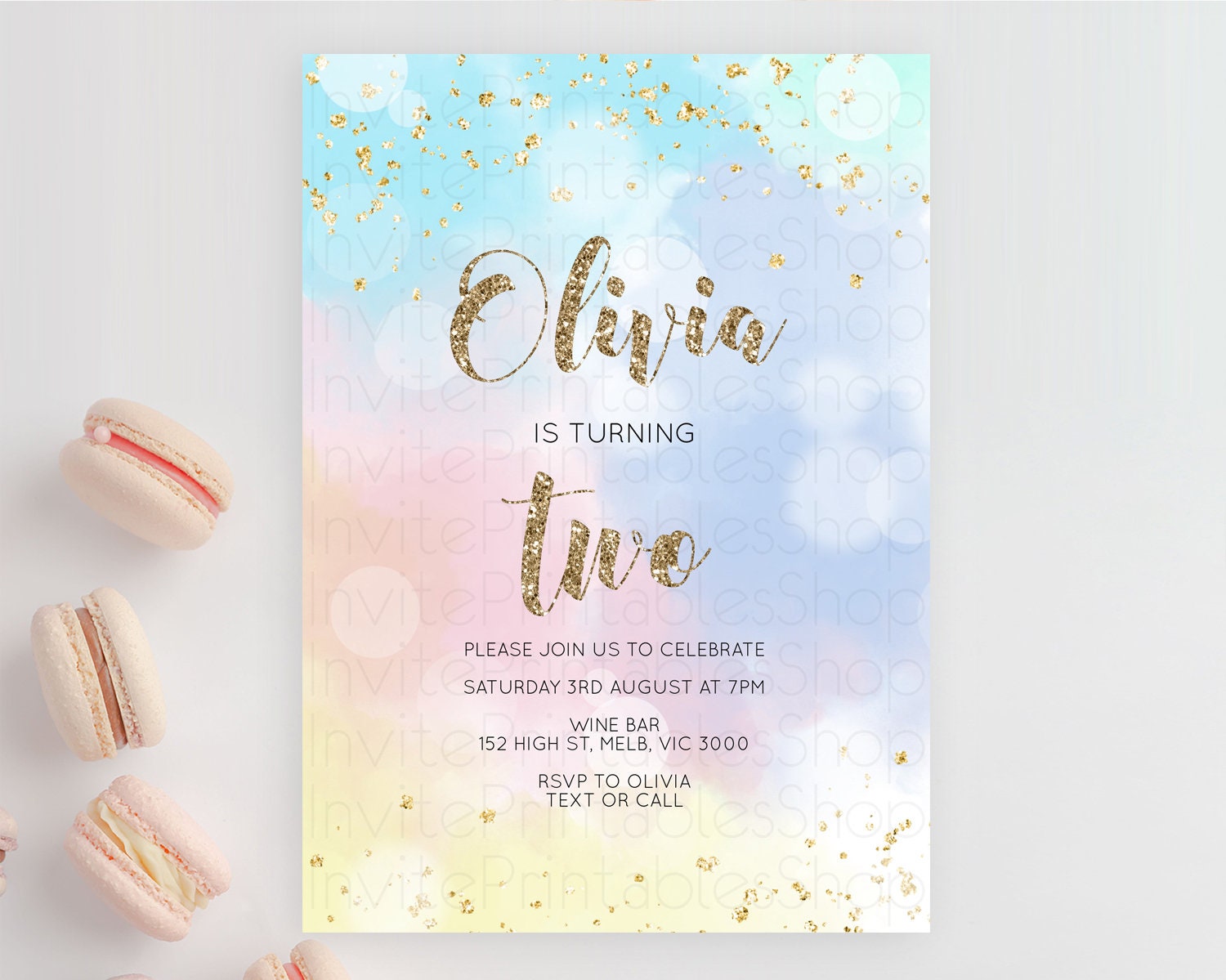 Editable Rainbow Birthday Invitation Colorful Pastel Watercolor Invitation G