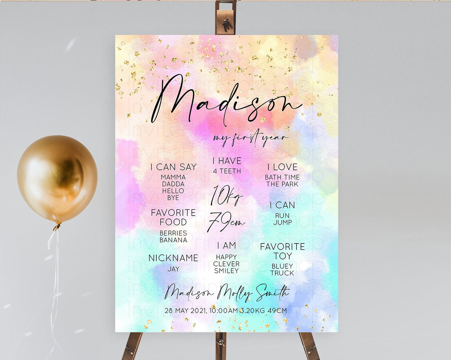 Pastel First Birthday Milestone Board Pastel Rainbow Milestone Poster Colorful Confetti Watercolor Glitter 1st Birthday Welcome Sign D10667
