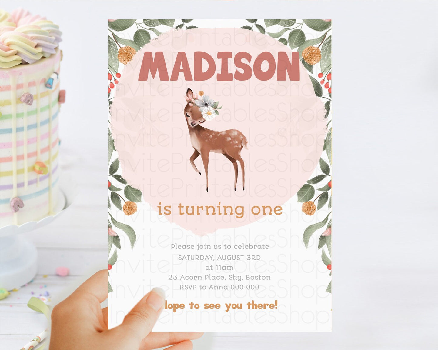 Fawn Birthday Invitation Deer Birthday Invitation Enchanted Forest Party Butterfly Pastel Flowers Whimsical 2nd 1st First Birthday D10655
