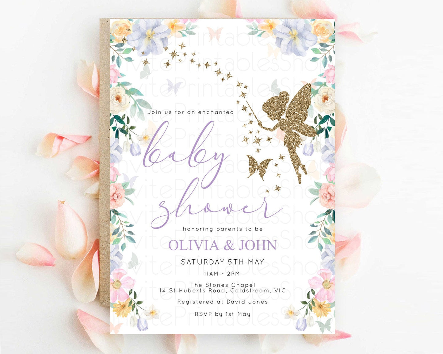 Fairy Baby Shower Invitation Pastel Fairy Invites Fairy Tea Party Fairy Garden Theme Secret Garden Enchanted Garden Floral Butterfly D10474