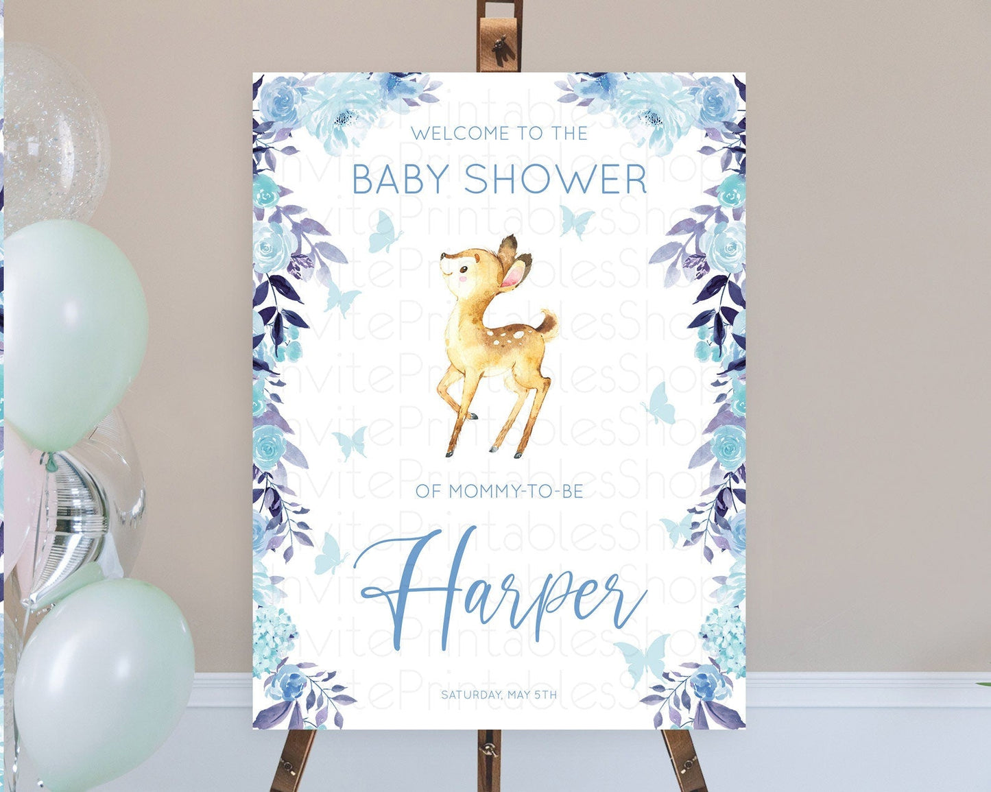 Fawn Baby Shower Welcome Sign Deer Welcome Board Floral Deer Welcome Poster Enchanted Forest Butterfly Pastel Floral Welcome Sign D10917