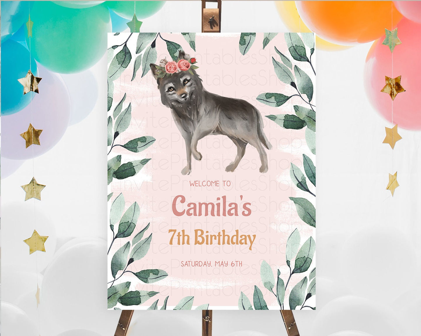 Wolf Welcome Sign Wolf Welcome Board Pastel Floral Wolf Welcome Poster Forest Wolf Party Décor Wolf First Birthday Welcome Sign D10535