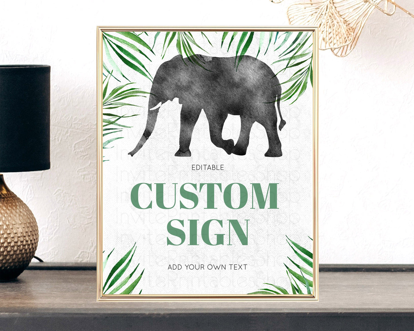 Elephant Sign Elephant Safari Adventure Party Table Sign Decor Dried Palm Fern Zoo 1st Birthday Baptism Baby Shower Bridal Shower D10842