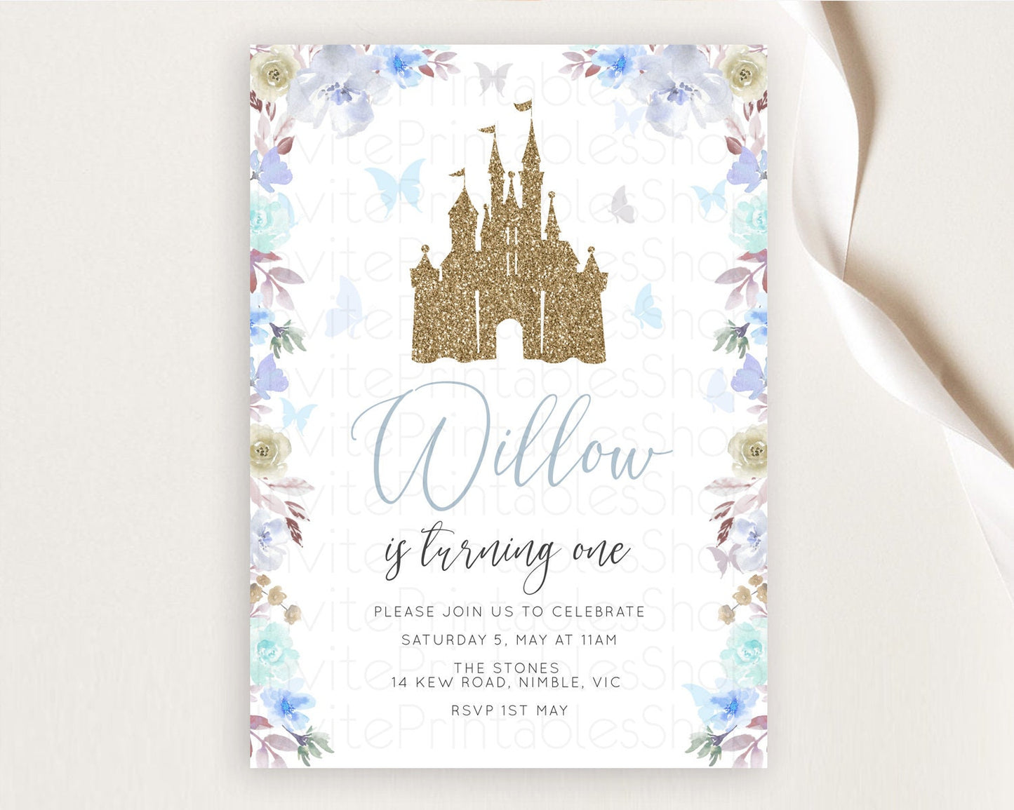 Princess Birthday Invitation Castle Invitation Royal Birthday Fairy Tale Enchanted Castle Pastel Floral Garden 1st First Birthday D10932