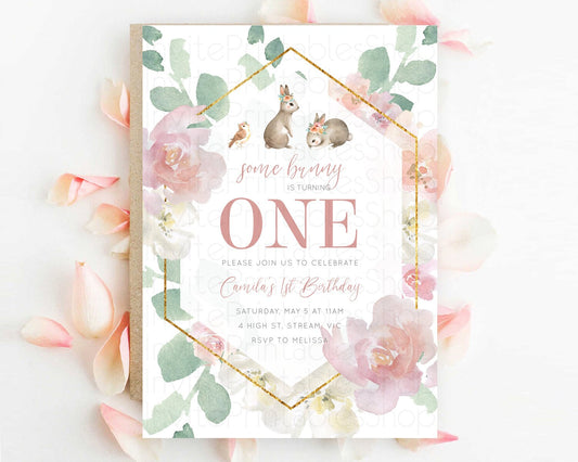 Bunny Birthday Invitation Floral Bunny Invitation Pastel Bunny Invites Pastel Watercolor Woodland Bunny Party 2nd 1st First Birthday D11034