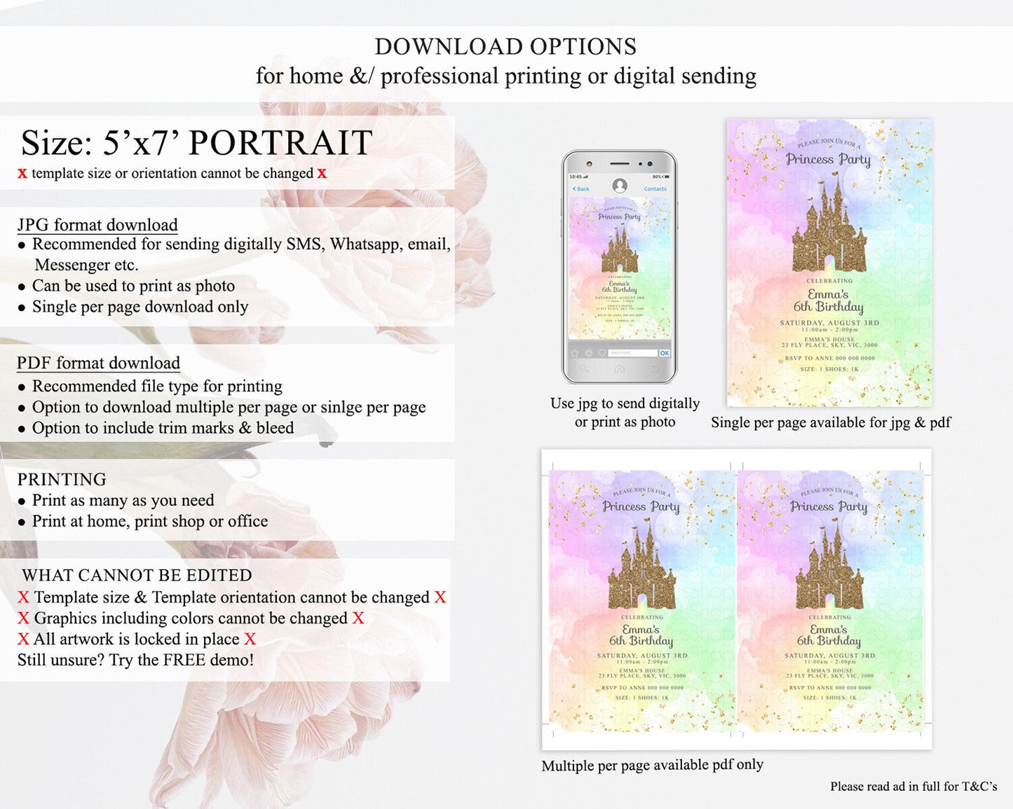 Princess Birthday Invitation Princess Invitation Pastel Invitation Royal Birthday Rainbow Color Enchanted Castle 1st First Birthday D10703