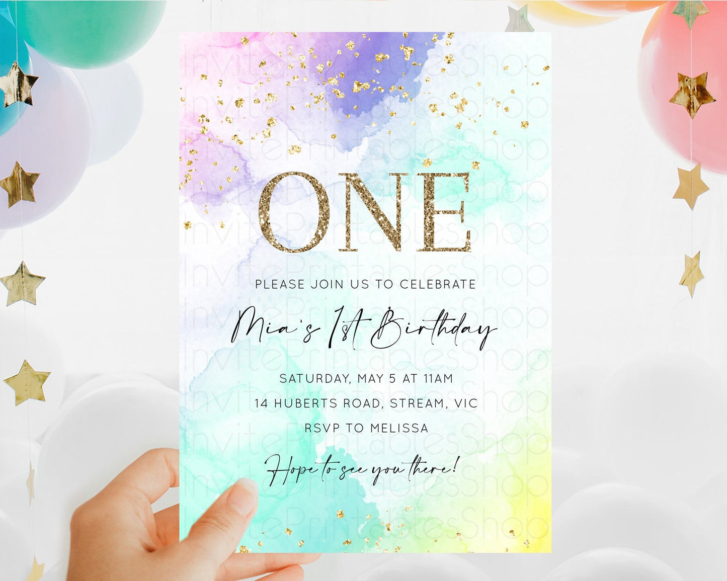 Rainbow Birthday Invitation Colorful Pastel Watercolor Invitation Gold Glitter Sprinkles Ombre Pastel 1st 2nd 3rd Birthday D10157