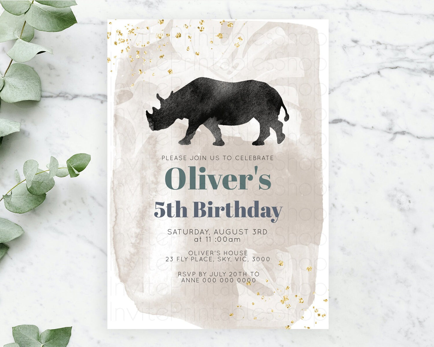 Rhino Birthday Invitation Rhino Invitation Rhino Birthday Rhino Safari Adventure Invite Rhino Palm Leaf Invite Zoo Party D10336