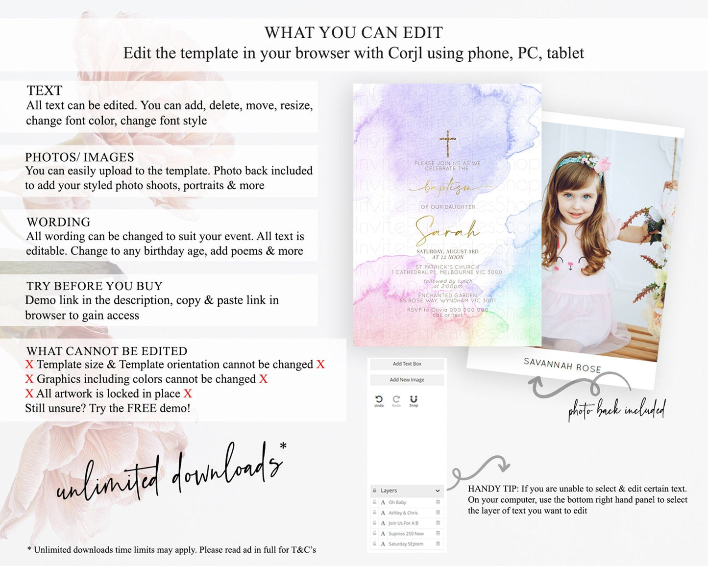 Pastel Baptism Invitation Pastel Colors Watercolor Baptism 1st Birthday Party Gold Ombre Pastel Rainbow Christening Holy Communion D10215