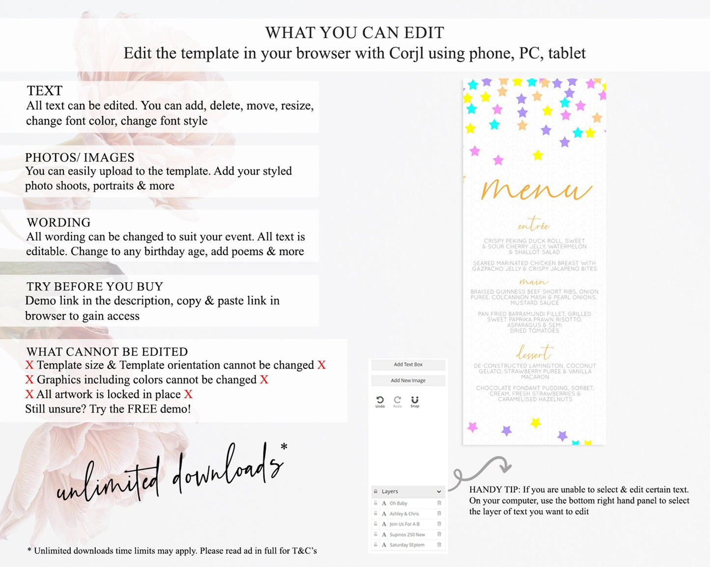 Star Menu Template Pastel Stars Menu Shooting Star Twinkle Little Star Decor Rainbow Colorful Confetti Dinner Dessert Food Menu D10397
